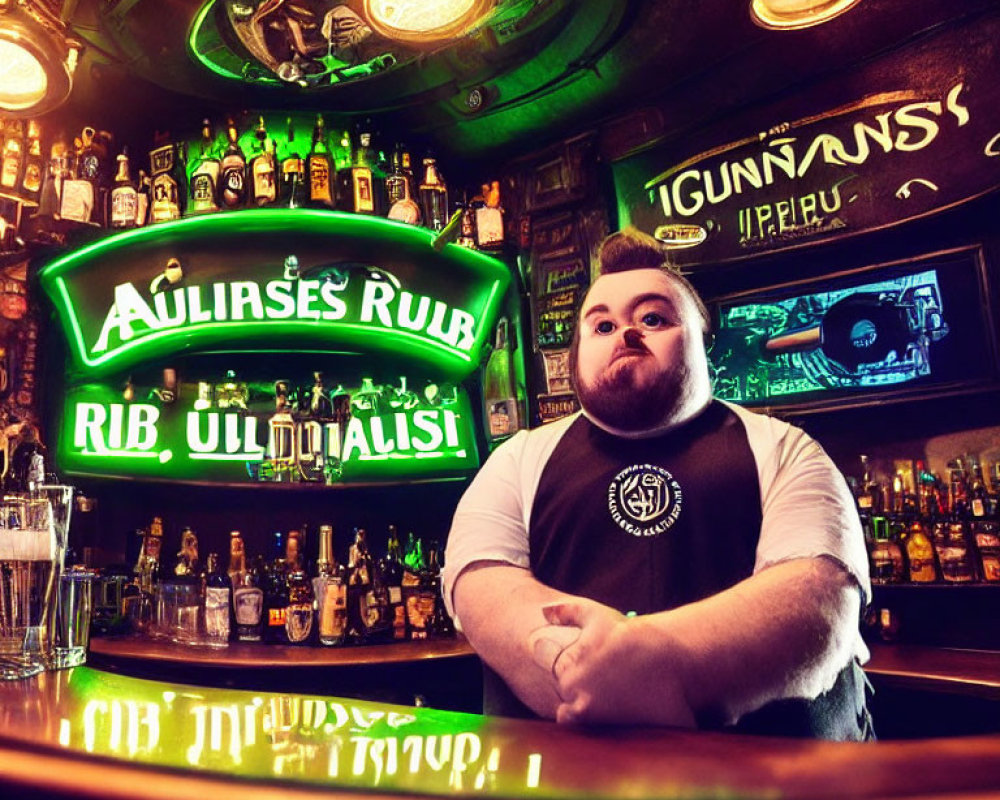 Neon-lit bar with well-stocked shelves and bartender.