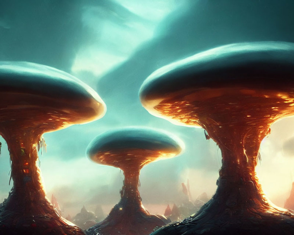 Fantastical landscape with towering mushroom-like structures under dramatic sky