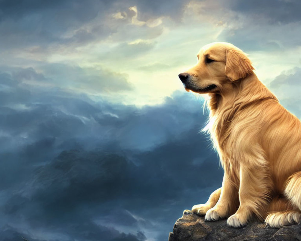 Golden retriever sitting on rocky outcrop under dramatic sky