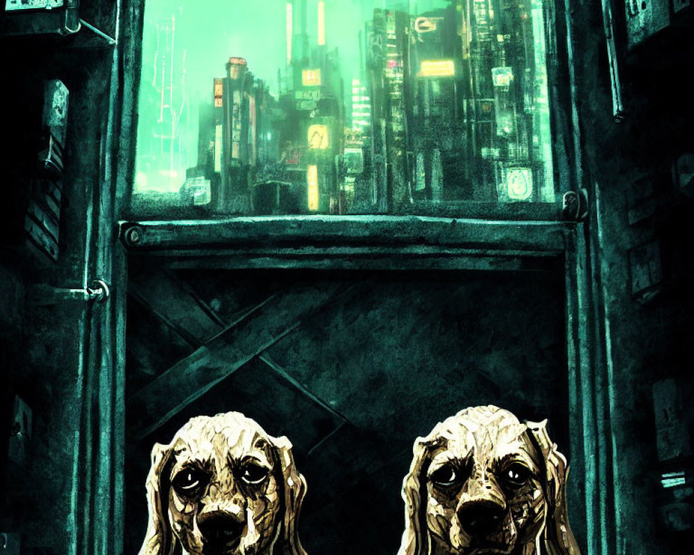 Futuristic neon-lit cityscape with two dogs in spacesuits