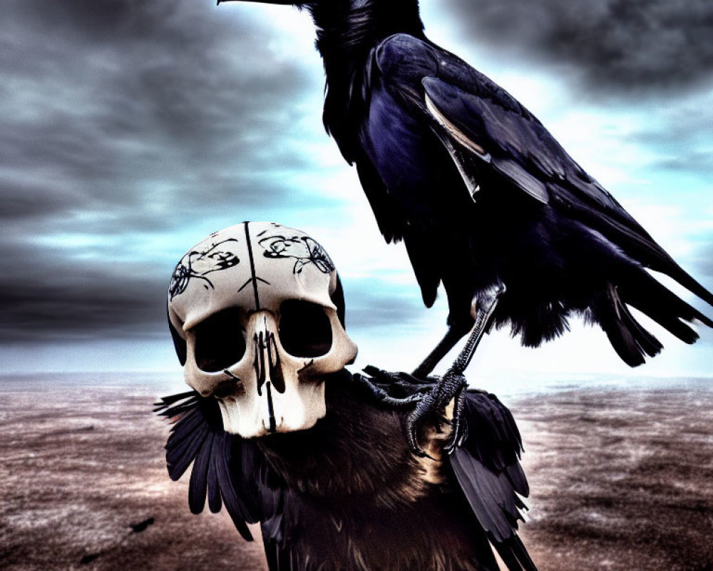 Crow perched on skull with symbolic etchings under cloudy sky