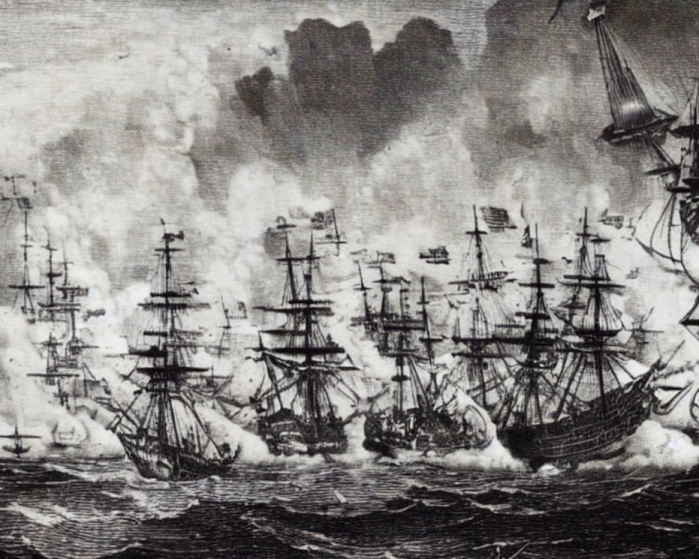 Monochrome naval battle illustration with sailing ships in turbulent seas