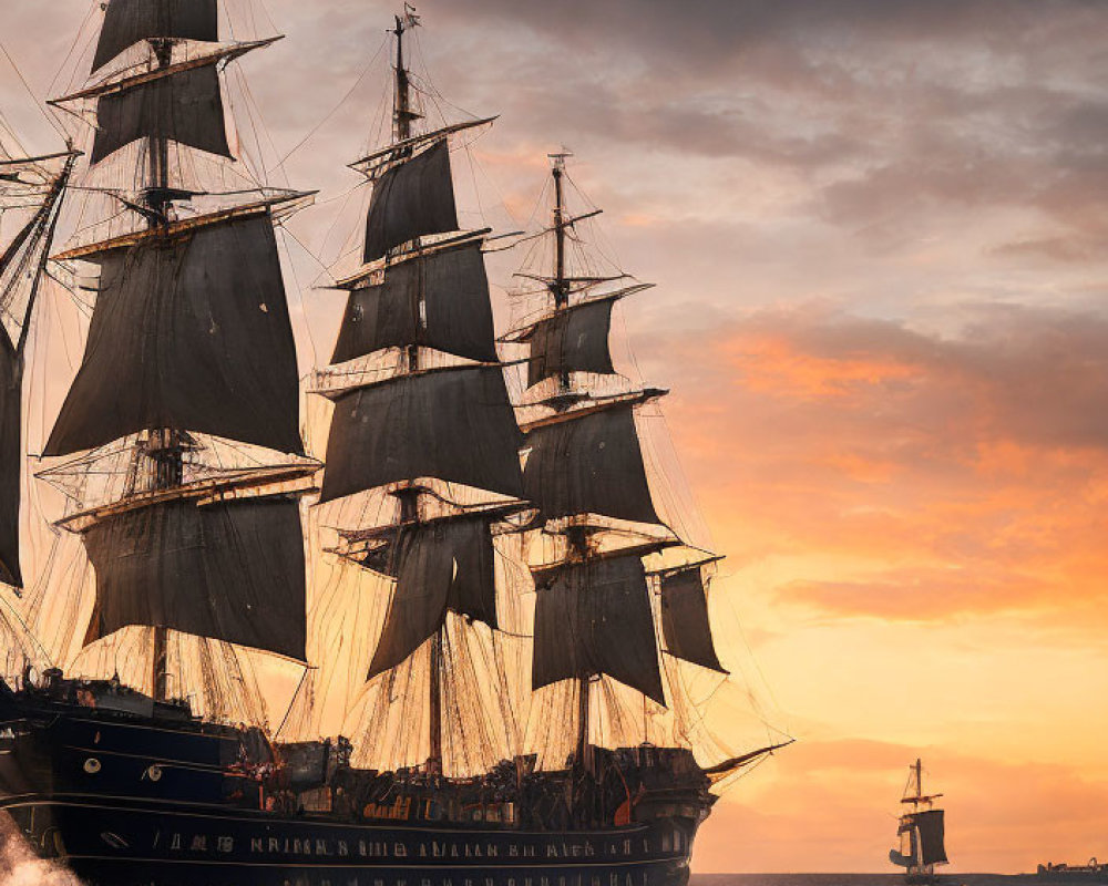 Majestic tall ship sailing on the ocean at sunset