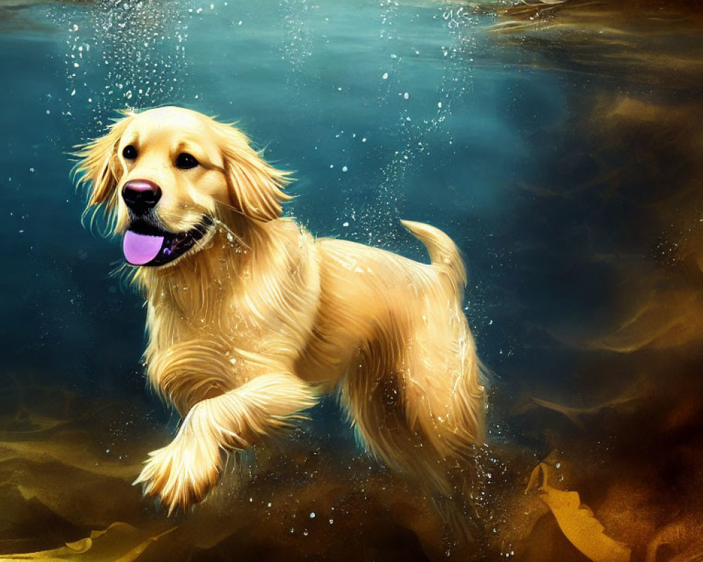 Golden Retriever with Ball in Mouth Splashing in Sunlit Water