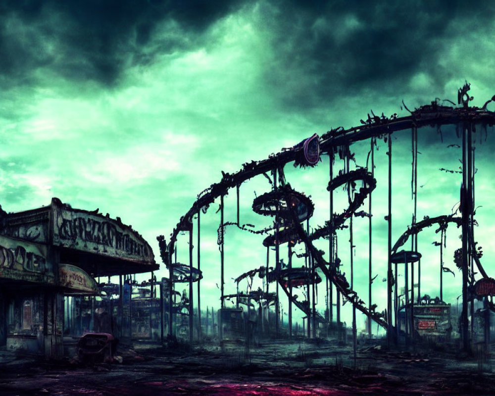 Abandoned amusement park with broken roller coaster and desolate atmosphere