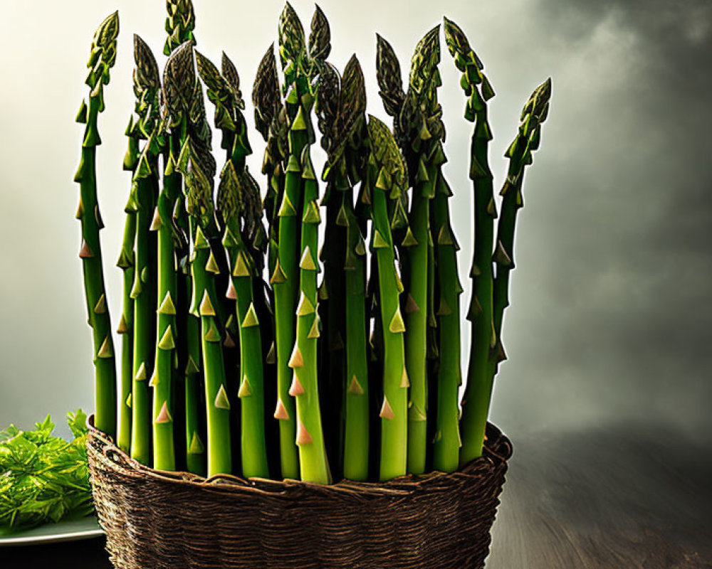 Fresh Green Asparagus Basket Against Moody Dark Cloudy Background