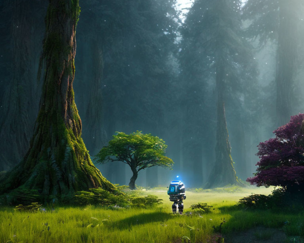 Robot in lush green forest with towering trees and sunbeams.