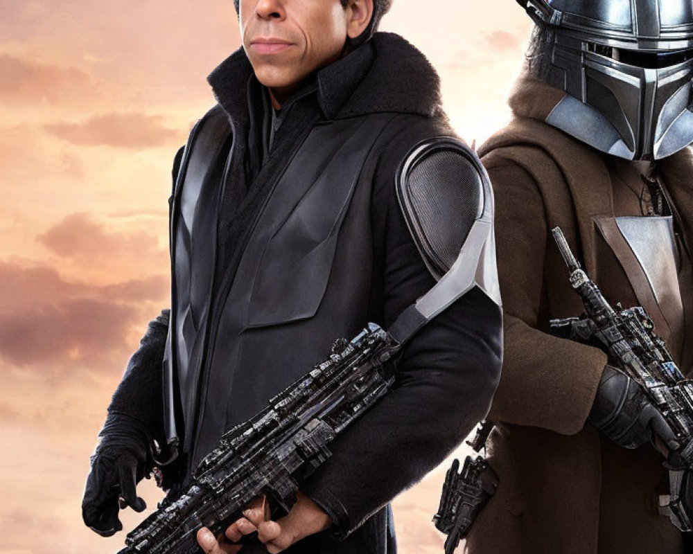 Sci-fi characters in black outfit with blaster and armored figure with cape at twilight