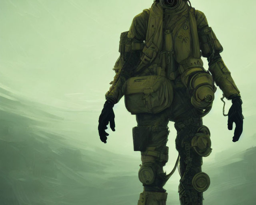 Person in post-apocalyptic outfit with gas mask in misty, green environment