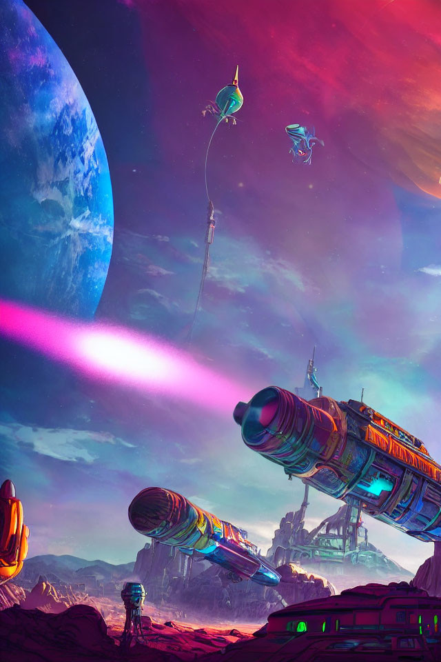 Colorful alien landscape with moon, spacecraft, and floating structures