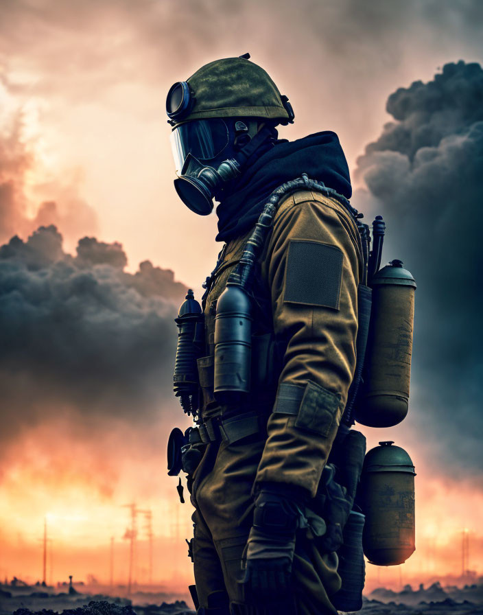 Person in hazmat suit with gas mask in fiery, smoky sky setting