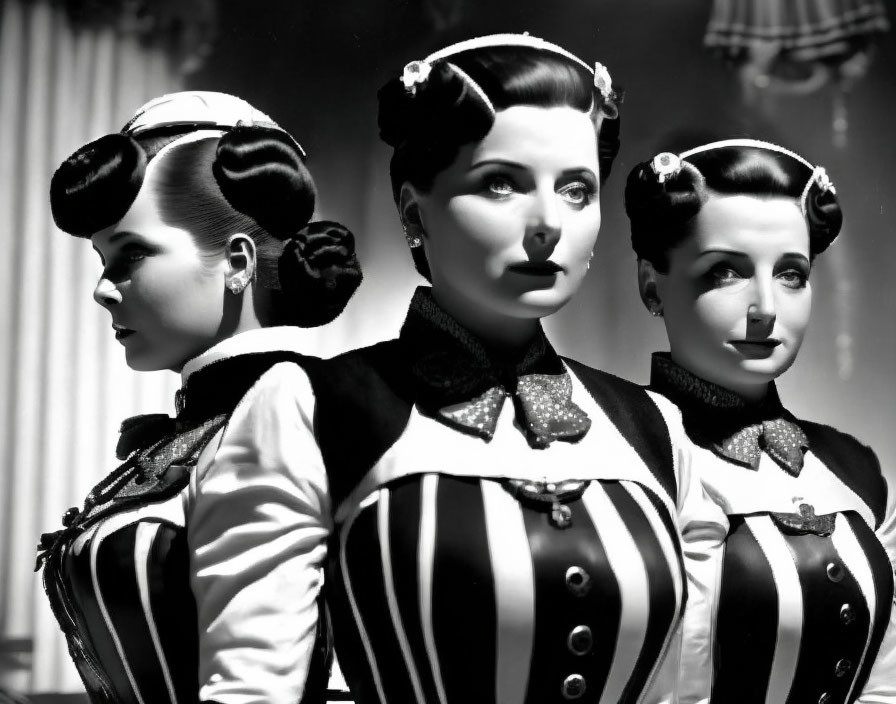 Vintage Hairstyle Women in Striped Dresses and Bowties Portrait