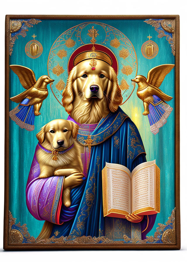 Regal dog with halo, crown, book, and smaller dogs in royal attire.