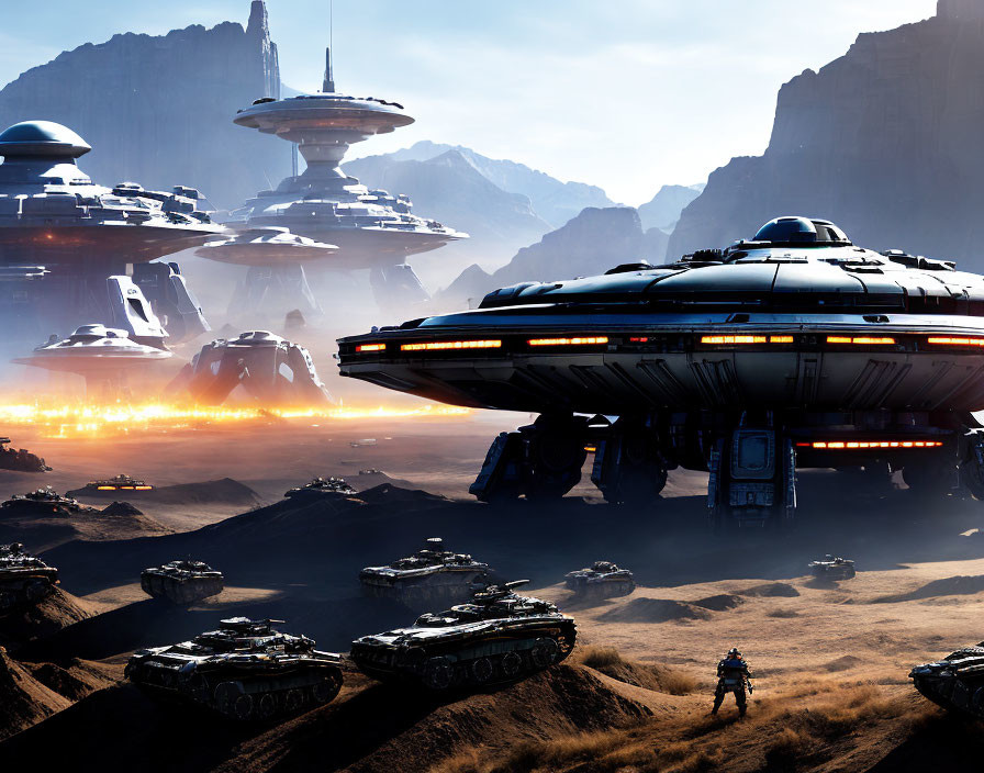 Futuristic sci-fi scene: Spaceships, desert, lone figure, cityscape