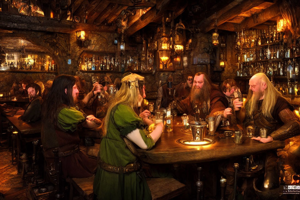 Fantasy dwarves in costume socialize in rustic tavern ambiance