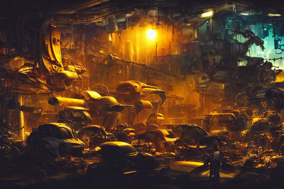 Futuristic junkyard with discarded robot parts under warm, glowing light