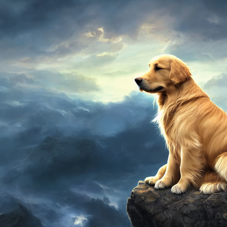 Golden retriever sitting on rocky outcrop under dramatic sky