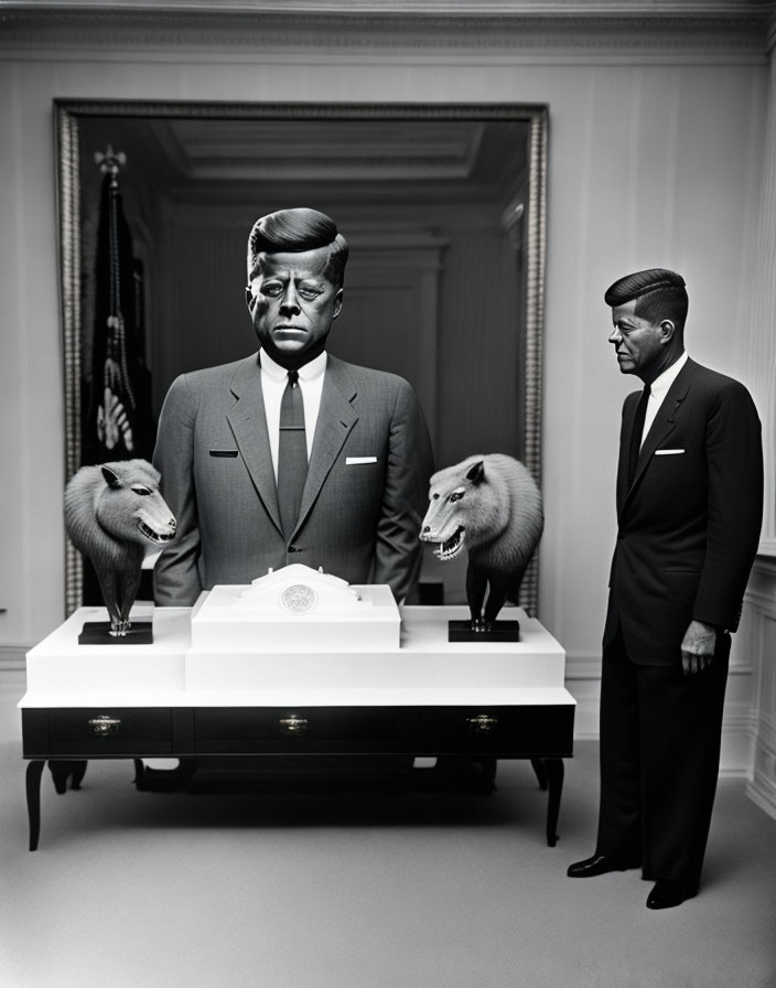 Monochrome image: Two men in suits, one with oversized head, near table with bear-like statues