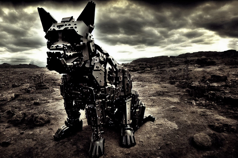 Metallic robotic-dog sculpture on rocky terrain under cloudy sky