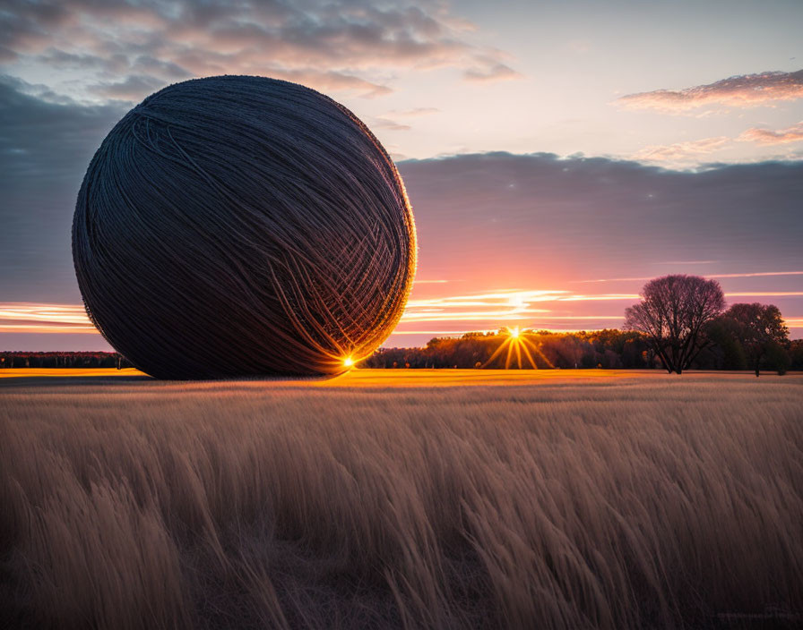 Giant ball of twine in field at sunset with long shadows