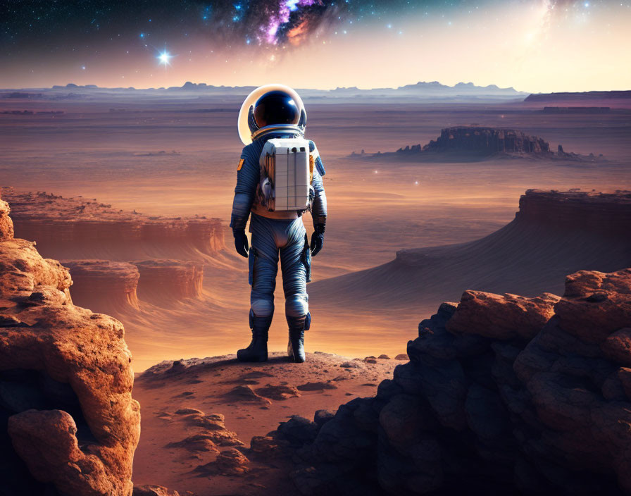 Astronaut on rocky Martian cliff gazes at vast landscape