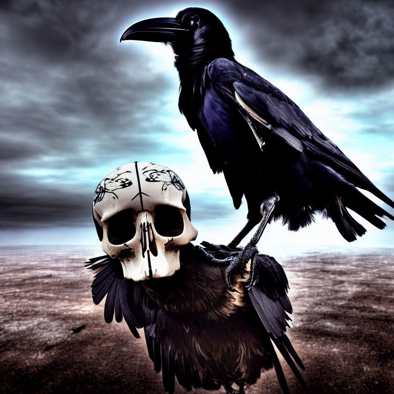 Crow perched on skull with symbolic etchings under cloudy sky