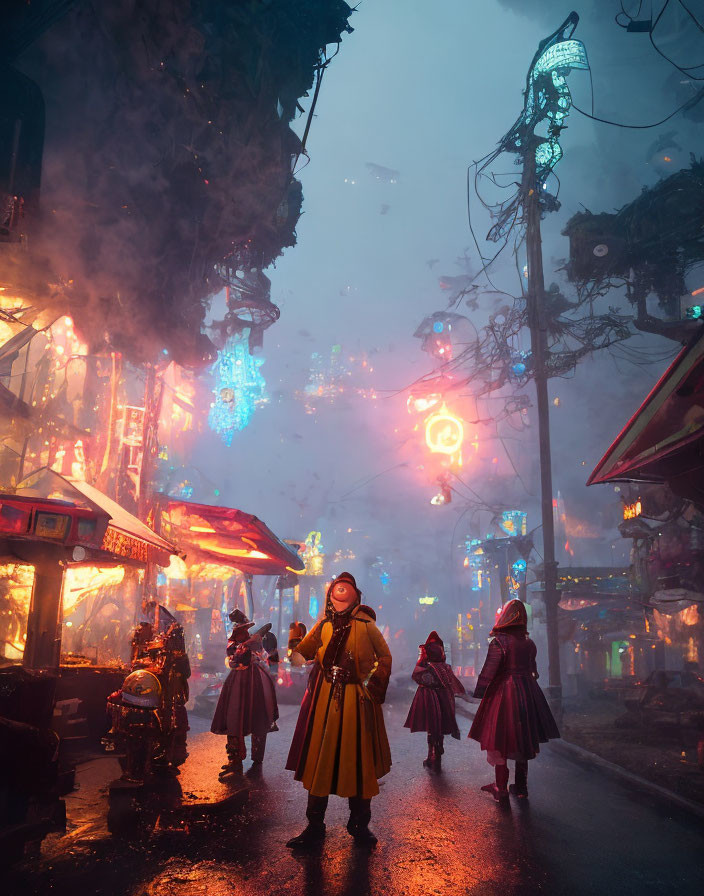 Atmospheric street scene with people in long coats under neon lights