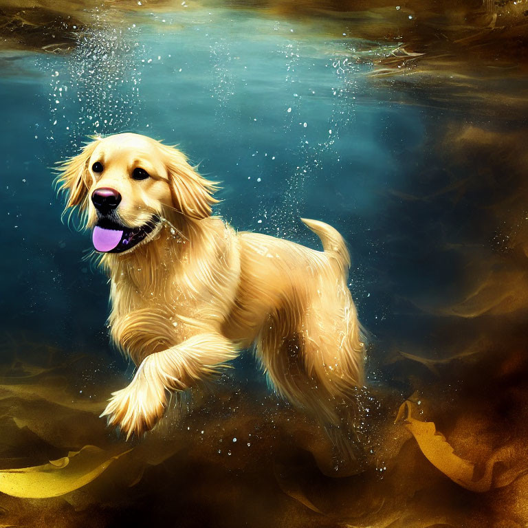 Golden Retriever with Ball in Mouth Splashing in Sunlit Water