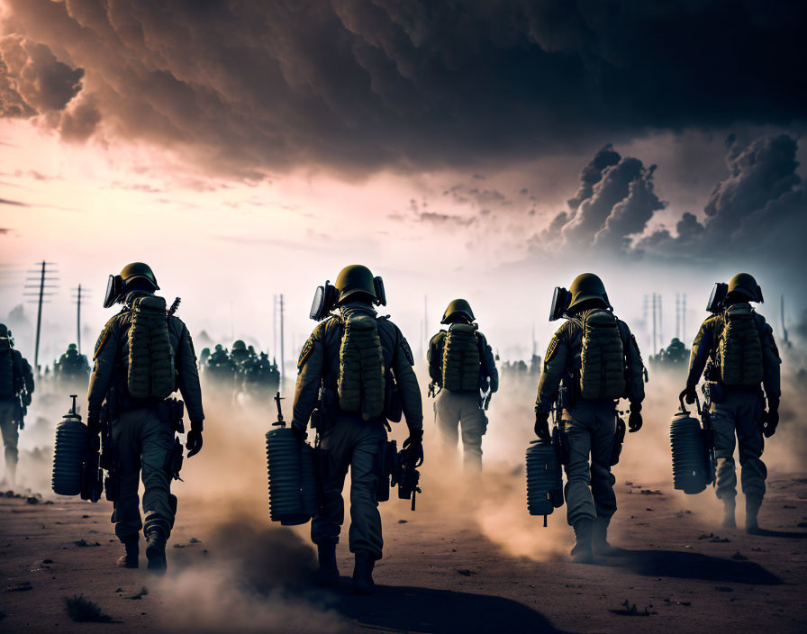 Astronauts in space suits on dusty terrain under dramatic sky