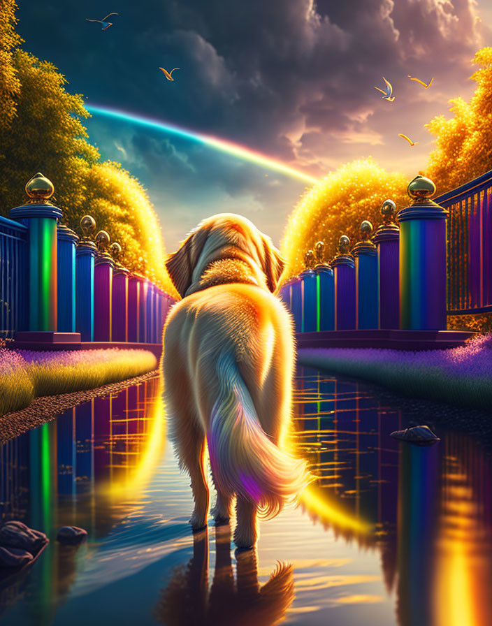 Golden Retriever Admiring Vibrant Whimsical Landscape