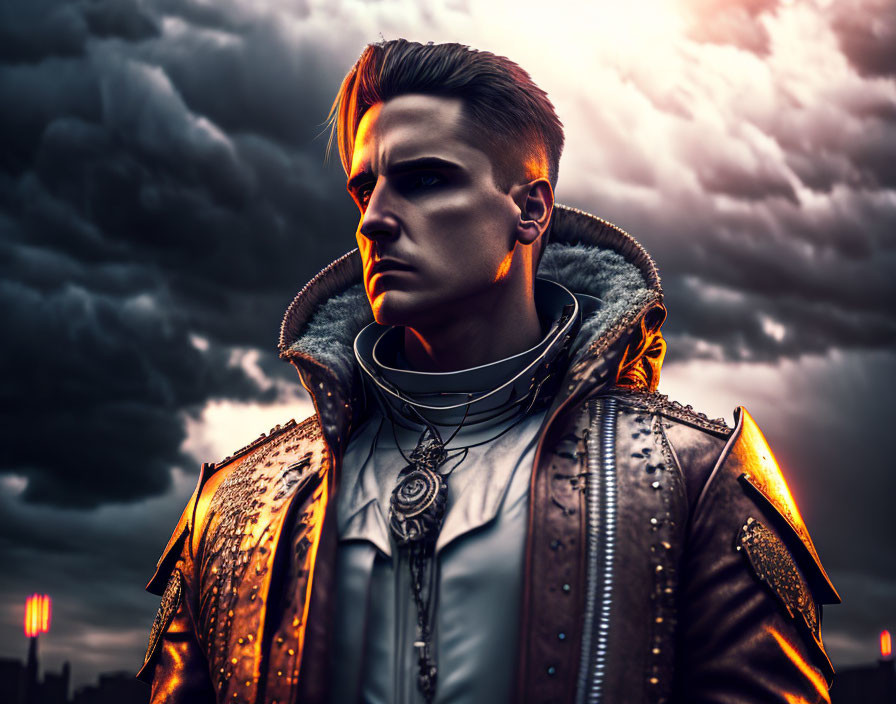 Futuristic armored man under stormy sky with intense gaze