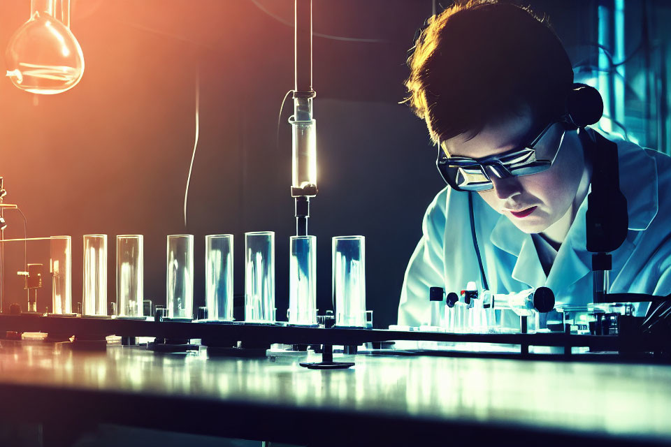 Scientist in Lab Coat Conducting Experiment with Test Tubes and Equipment