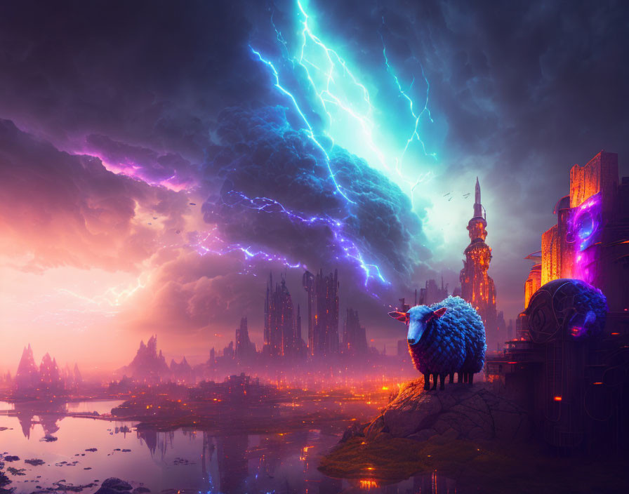 Futuristic cityscape under dramatic purple sky with lightning bolt