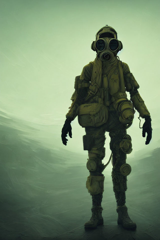 Person in post-apocalyptic outfit with gas mask in misty, green environment