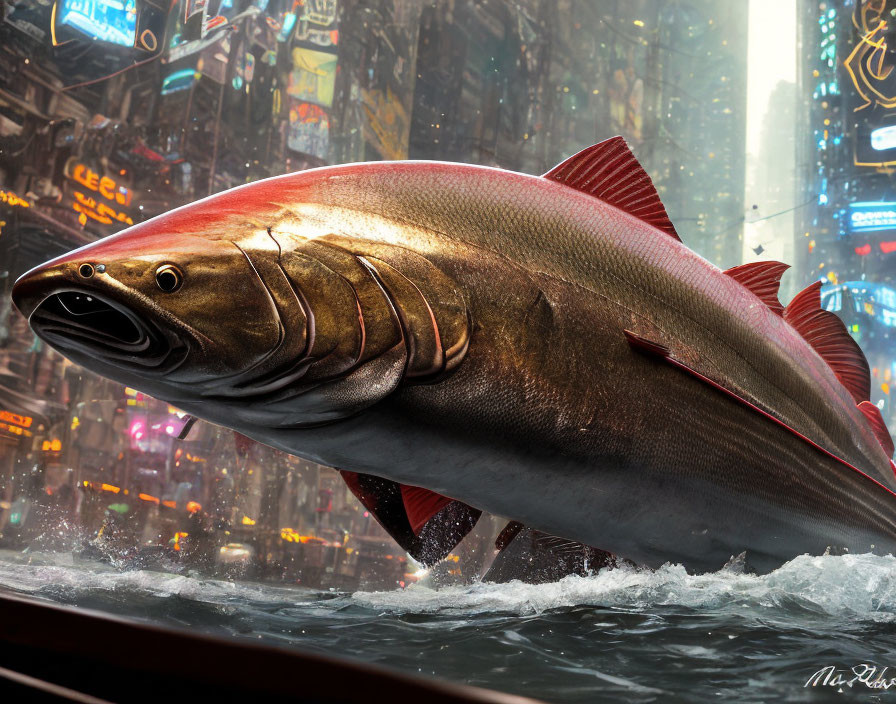 Giant fish with red fins in futuristic cityscape causing flooding