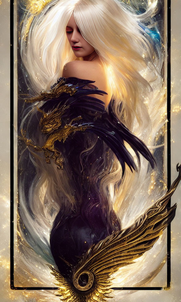 Fantastical image of woman with white hair and dragon shoulder piece in dark, feather-themed attire