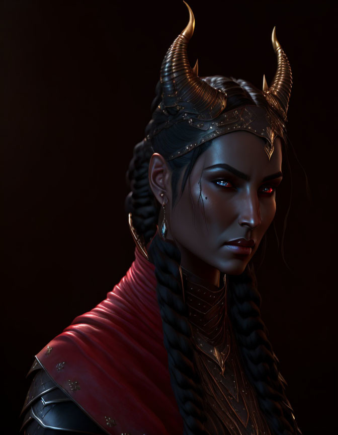 Digital artwork of woman with horns, braided hair, red eyes, dark armor, and red cape