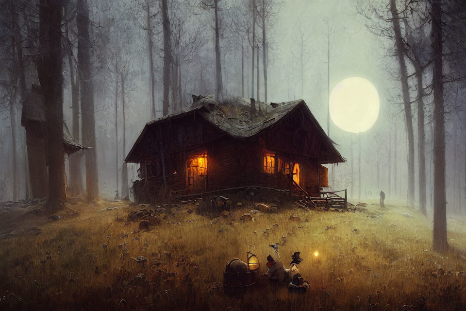 Rustic cabin in misty forest under full moon