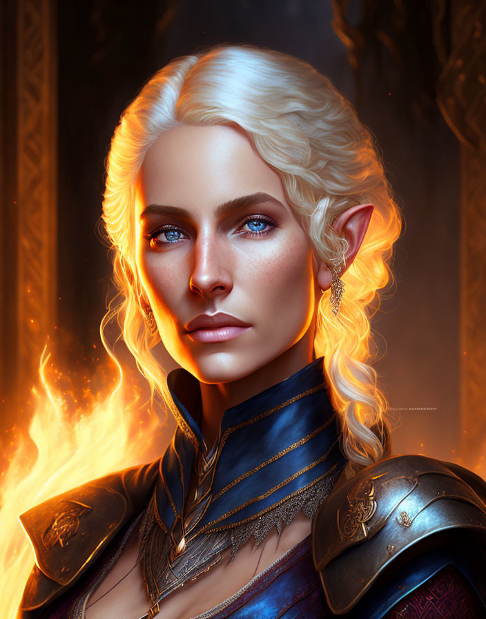 Female Elf Digital Portrait: Glowing White Hair, Blue Eyes, Ornate Armor, Fire Background