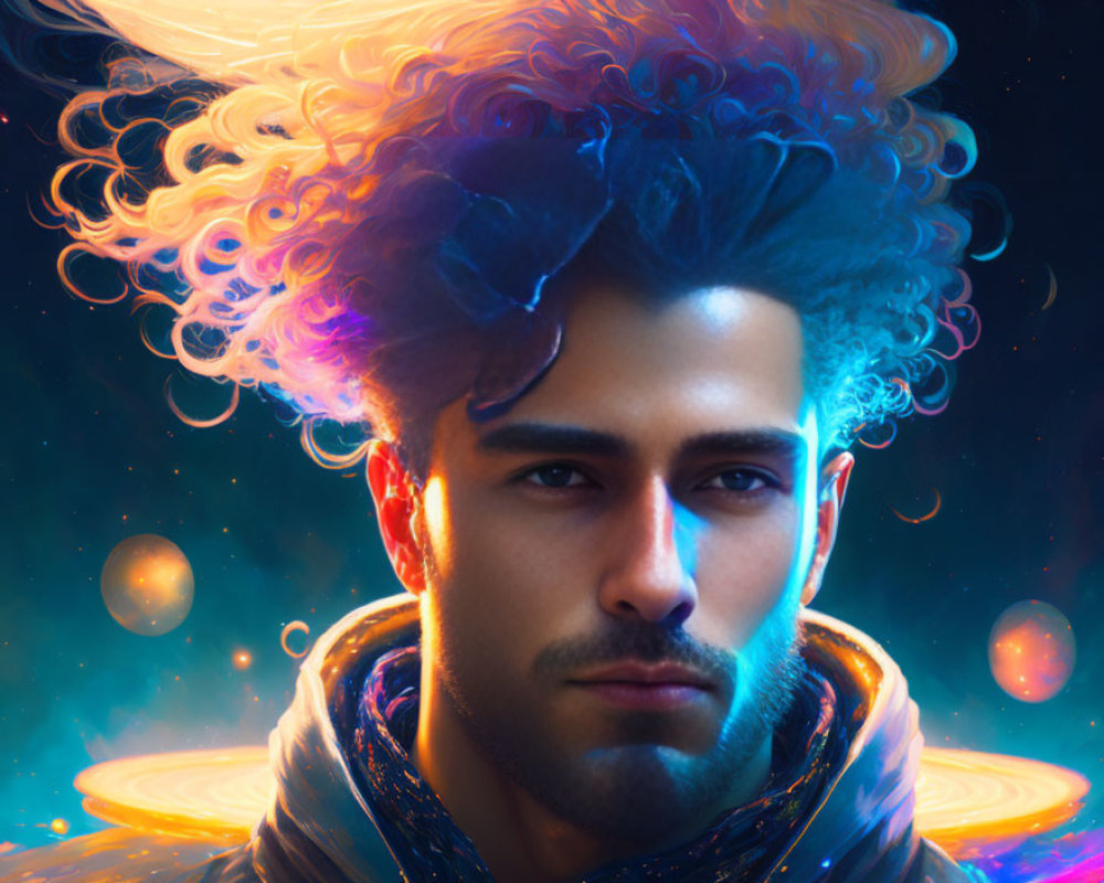 Cosmic-themed digital art portrait with vibrant colors and starry space backdrop.