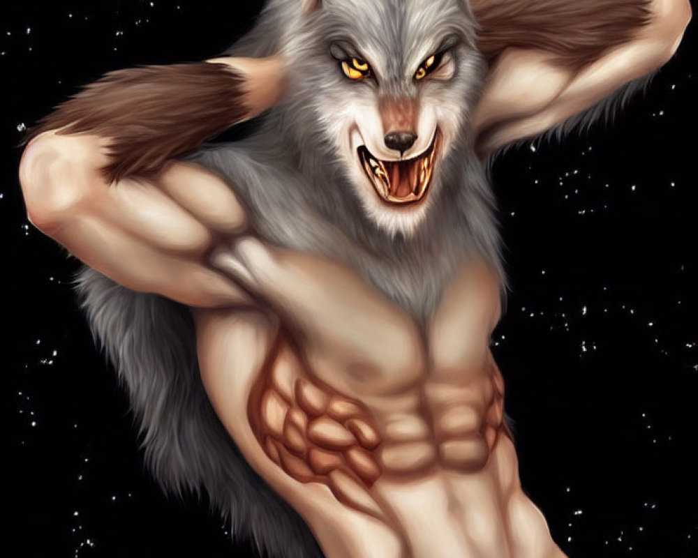 Muscular werewolf with gray fur under starry night sky