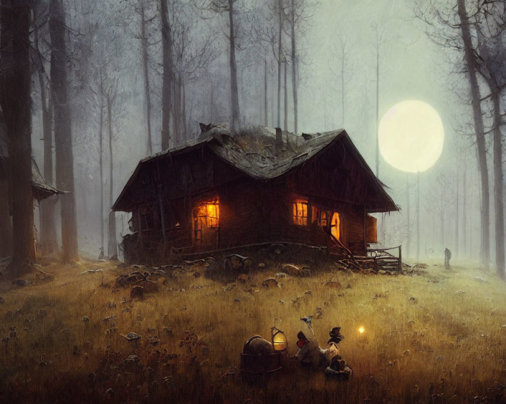 Rustic cabin in misty forest under full moon