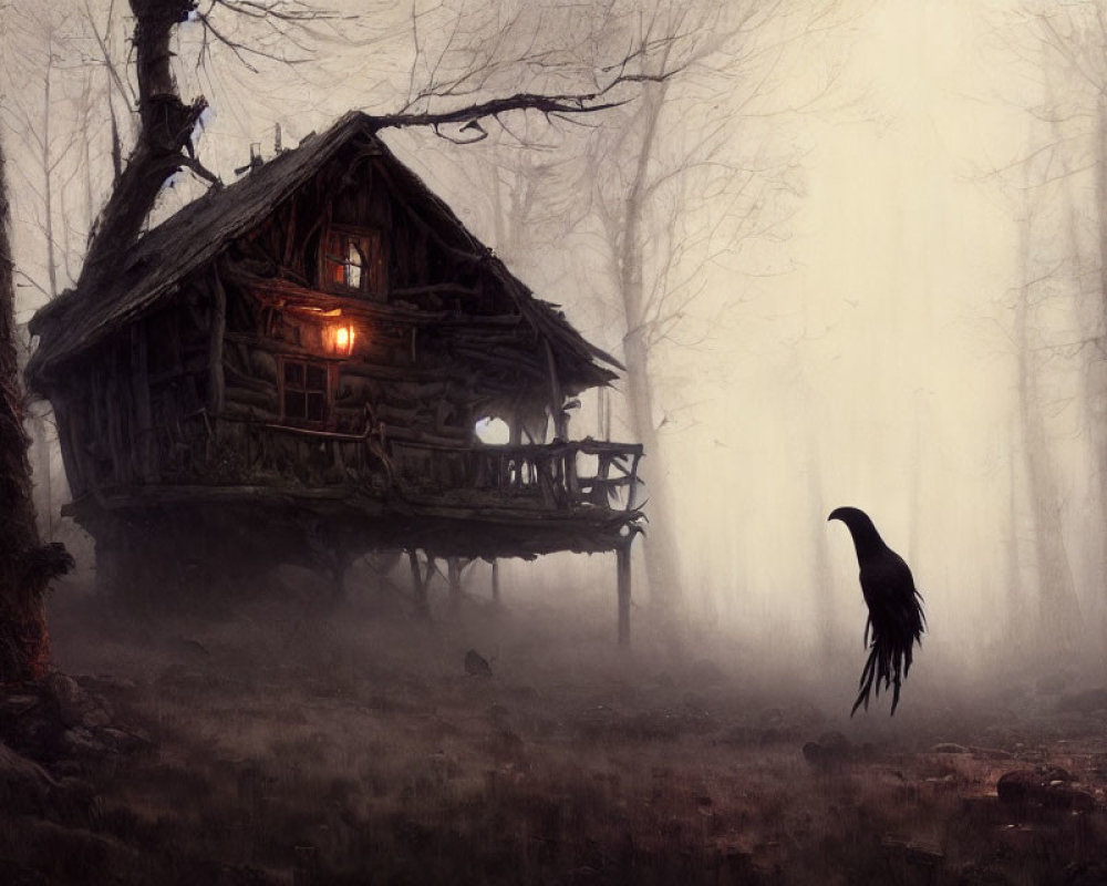 Foggy forest scene with rustic treehouse and silhouetted raven