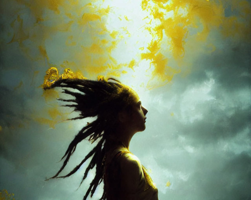 Silhouetted person with dreadlocks against dramatic sky