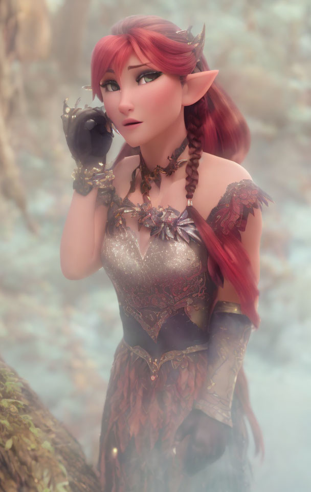 Red-haired elf in ornate armor and gloves, standing in misty forest