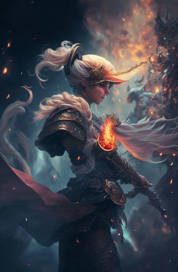 Fantasy warrior woman in ornate armor with glowing fire in hand amidst swirling embers