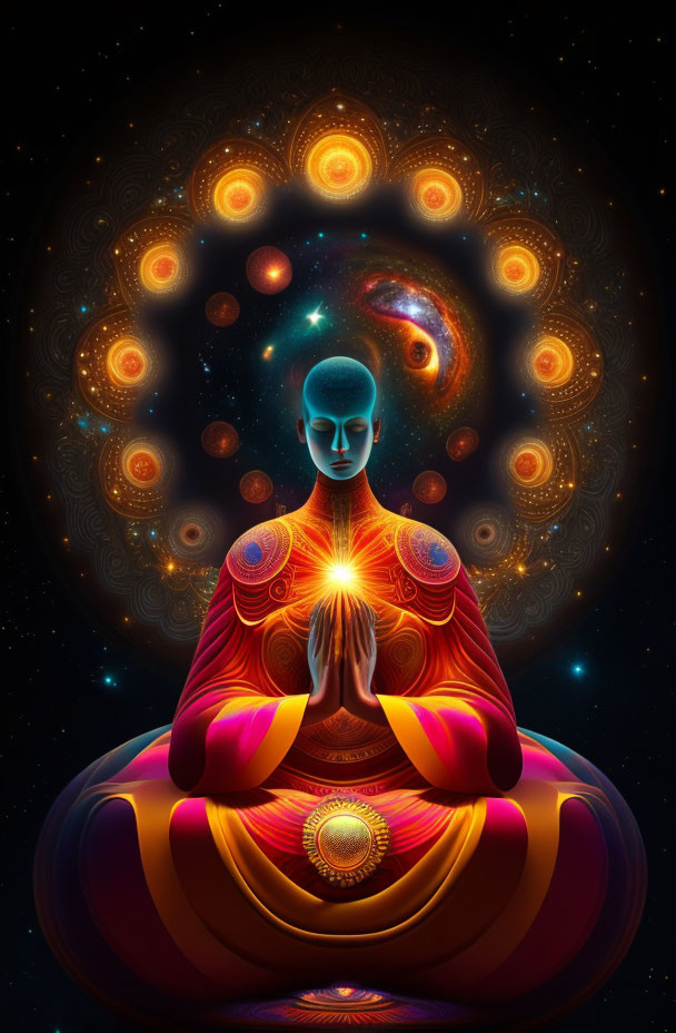 Meditating figure in cosmic setting with glowing chakras