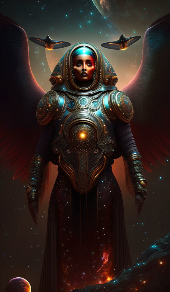 Futuristic female figure in ornate spacesuit with glowing red eyes in cosmic scene