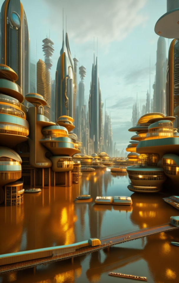 Futuristic cityscape: tall skyscrapers, golden sunset, calm waterways