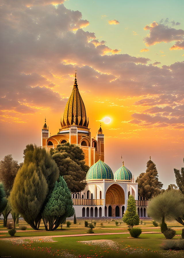 Ornate domes of majestic mosque in vibrant sunset landscape